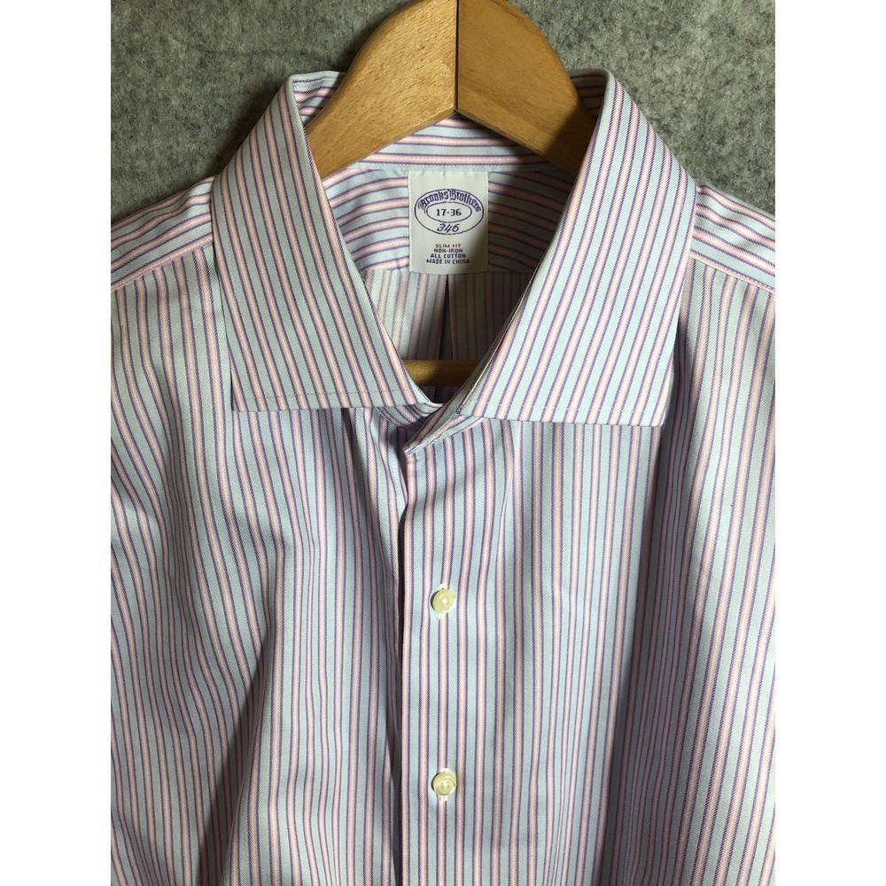 Brooks Brothers Shirt 17-36 Blue Stripe Non-Iron Cotton French Cuff Classic